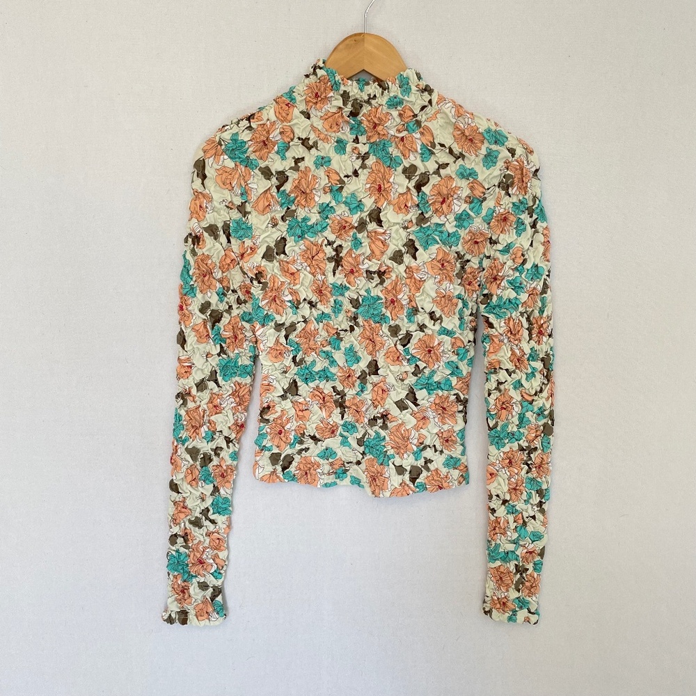 DOLAN Anthropologie Small Floral Print Pebble Smocked Mock Neck Long Sleeve Top
